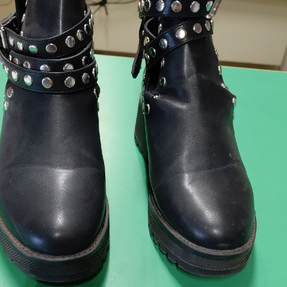 Black Studded Strap Platform Moto Boots